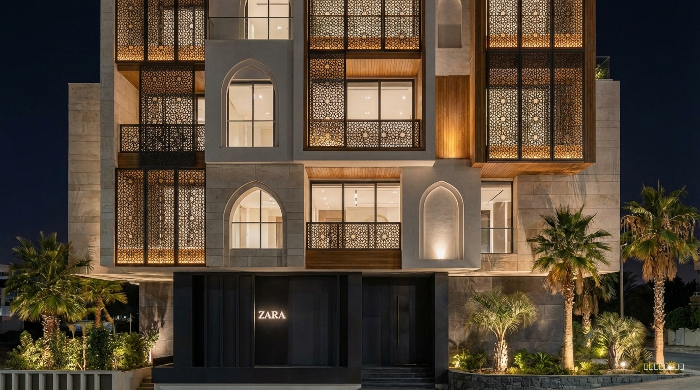 “Redesign the façade in a modern Islamic architectural style while preserving the same proportions, dimensions, window positions, and overall massing of the existing façade. Add contemporary mashrabiya screens inspired by Islamic geometric patterns, using them as shading panels and decorative elements. Use natural materials such as stone, light plaster, warm wood, and matte metal. Reinterpret traditional Islamic motifs in a clean, minimalist, modern way. Maintain balanced symmetry, elegant vertical lines, and subtle arch-inspired forms. The façade should feel modern yet culturally expressive, with refined details and filtered natural light through the mashrabiya.”