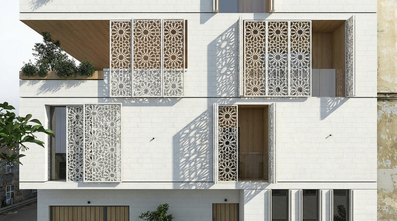 "Modern contemporary facade, Neo-Islamic style, parametric mashrabiya screens, CNC cut metal panels, double skin facade, white concrete combined with floor-to-ceiling glass, geometric islamic pattern, minimalist, sleek lines, soft sunlight, high contrast shadows, photorealistic, 8k, architectural visualization."