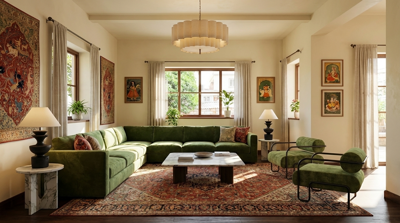 The interior scene in the image needs to be finihed interior, retain window openings, wall locations, make it finished interior of a family lounge, sunny bright, the furniture needs to be complete, take the styling inspiration of the funriture from reference image but make a proper family lounge