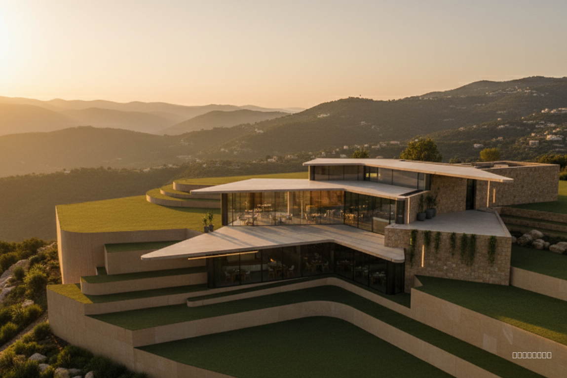 Natural daylight, soft shadows, golden hour lighting. “Ultra-realistic modern restaurant on a 20% mountain slope in Baadaran Al Shouf, Lebanon. Three levels stepped along the terrain, large panoramic glass facades, cantilevered terraces, warm concrete and natural stone materials, integrated greenery, soft indirect lighting, minimalist modern furniture, elegant circulation paths. Golden hour lighting, high contrast shadows, atmospheric depth, cinematic composition, high-resolution photorealism, crisp details, lush green mountains around, clean environment, modern landscape design, realistic textures, no distortion.”
