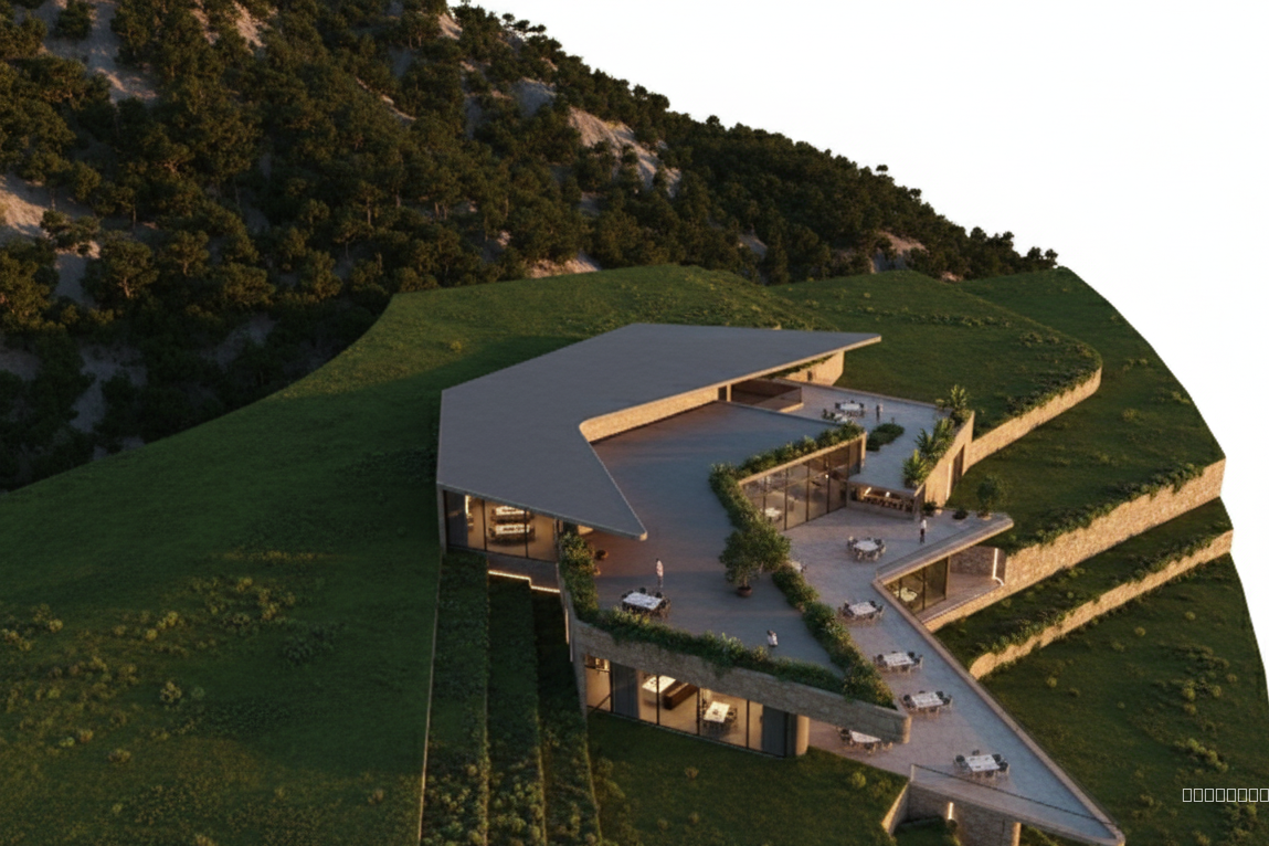 “Ultra-realistic modern restaurant on a 20% mountain slope in Baadaran Al Shouf, Lebanon. Three levels stepped along the terrain, large panoramic glass facades, cantilevered terraces, warm concrete and natural stone materials, integrated greenery, soft indirect lighting, minimalist modern furniture, elegant circulation paths. Golden hour lighting, high contrast shadows, atmospheric depth, cinematic composition, high-resolution photorealism, crisp details, lush green mountains around, clean environment, modern landscape design, realistic textures, no distortion.”
