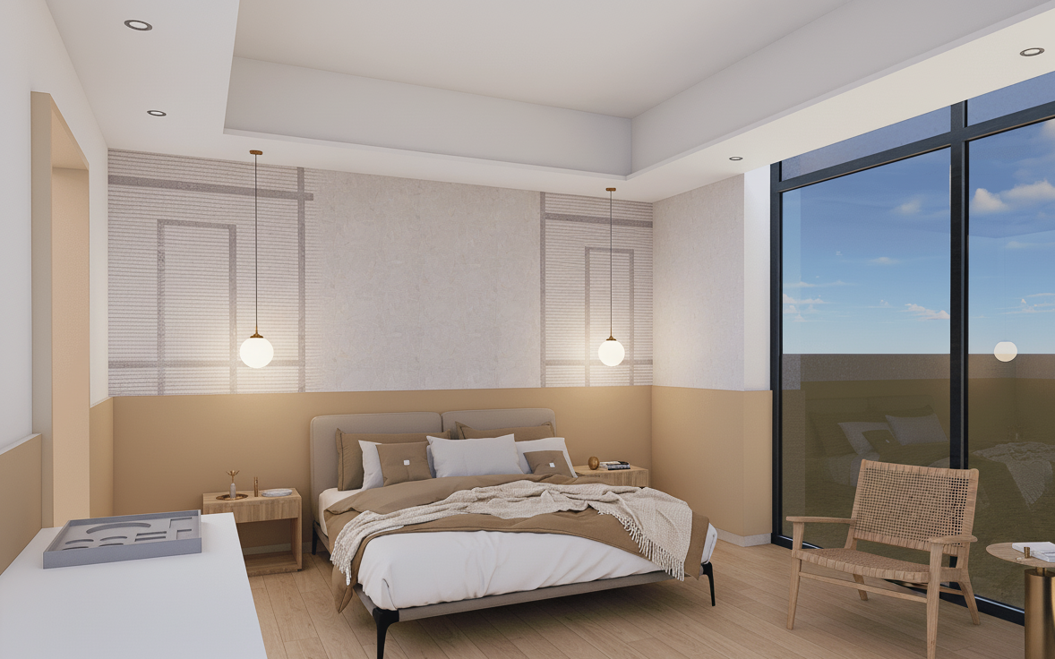 render a high-resolution realistic image of the same hotel guestroom interior, keeping furniture placement unchanged but replacing all pieces with authentic Nordic models: Carl Hansen CH25 lounge chair in natural oak and paper cord, Muuto Reflect bedside tables, and an oak-framed bed with upholstered linen headboard in warm beige. Apply light oak half-height wall panelling with a matte finish, and above it use pale textured wallpaper in soft white-beige tones. The bed back wall features a ferm LIVING “Terrazzo Stripe” graphic wallpaper in muted sand and grey, typical of contemporary Nordic geometry. Add wide-plank oak flooring, linen and boucle fabrics in ivory tones, brushed brass accents, and warm ambient lighting from Louis Poulsen fixtures. Ensure realistic textures, fine detailing, and architectural Nordic precision