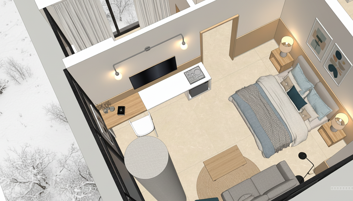 Perspective, wide-angle camera shot (24mm lens), capturing a high-class Nordic interior. Focus on realistic material rendering with subtle imperfections. The color scheme should reflect trending Nordic interiors: think muted greys, warm whites (specifically, Jotun 1624 Skylight), and natural wood tones.

Furniture should be distinctly Nordic: a Hans Wegner Wishbone chair, a low-slung sofa upholstered in Kvadrat fabric (grey melange), and a simple, unadorned oak coffee table. Ultra-realistic textures are crucial: visible wood grain, subtle fabric weaves, and the slight sheen of polished concrete flooring.

Lighting should be soft and diffused, mimicking natural daylight filtering through linen curtains. Add a subtle, warm glow from a strategically placed Arne Jacobsen AJ floor lamp. The composition should emphasize clean lines, minimalist decor, and a sense of calm and spaciousness. Include a glimpse of a snow-covered landscape through a large window to enhance the Nordic atmosphere.