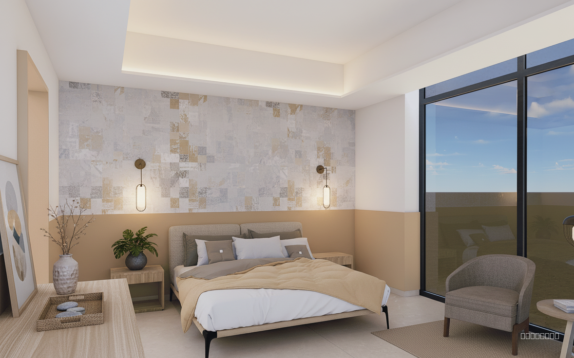 "Ultra-realistic, high-definition rendering of a luxury guesthouse interior, precisely maintaining the existing furniture layout from the reference image. The design embodies a refined Nordic aesthetic with a light, contemporary palette. Finishes are exclusively natural and matte: light ash wood flooring (as per reference), light birch furniture with precise joinery details, and off-white, subtly textured wallpaper on all walls. The wall behind the bed features a graphic Nordic wallpaper in muted tones. A half-height light ash wood paneling runs horizontally across the room.

Textiles are linen, soft, and natural in ivory, sand, and warm grey hues. Metal detailing is black or brushed brass, used sparingly for understated elegance. Lighting is warm and layered: concealed ceiling cove lighting emitting a soft glow, Nordic-style wall sconces in brushed brass, and frosted glass pendant lamps casting gentle illumination.

The room should evoke textural richness through layered materials. Furniture is styled in a minimalist Nordic manner with clean lines. Framed abstract artwork in natural tones, handcrafted ceramic vases, small planters with leafy greens, and natural fiber rugs are thoughtfully placed. The atmosphere is serene, cozy, and inviting, reflecting understated luxury and authentic Nordic design."