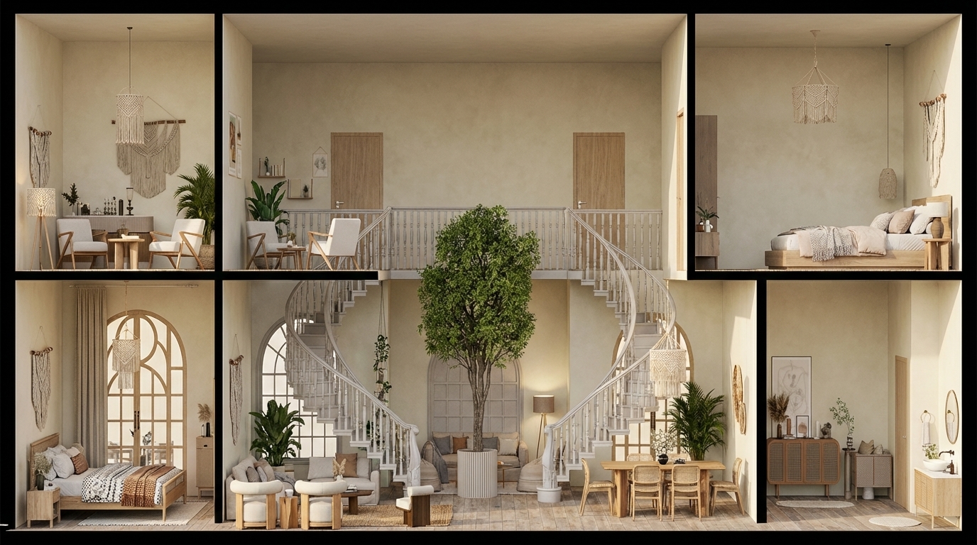 High-quality 2D architectural section render (no perspective, no 3D depth), not a sketch, fully realistic and detailed. The render must strictly keep all furniture positions, wall placements, room layout, and overall spatial arrangement exactly as in the original design, with no changes.

The section shows a two-story bohemian villa.

Ground floor: a grand ceremonial staircase positioned at the very front of the section, centered, with all interior spaces clearly visible behind it. From right to left behind the staircase: a guest wash basin area, a warm natural dining space, a cozy boho reception/living area, and at the far left a comfortable guest bedroom. A large indoor tree grows vertically through both floors as a dominant focal element.

Upper floor: on the right is the master bedroom clearly shown from the side view, in the center a corridor connecting the rooms, and on the left a calm room with a coffee corner.

Design style: modern bohemian with earthy tones — warm beige, soft greens, muted light orange, sandy neutrals, and natural wood textures. Add indoor plants, wall-hung macramé art, macramé chandeliers, woven textures, rattan elements, pottery, and natural fabrics.
Lighting should be warm, soft, and realistic with ultra-detailed materials and crisp section linework.

View must remain a flat 2D architectural section, no perspective, no depth, not a sketch, fully realistic, and maintaining the exact existing layout and furniture positions