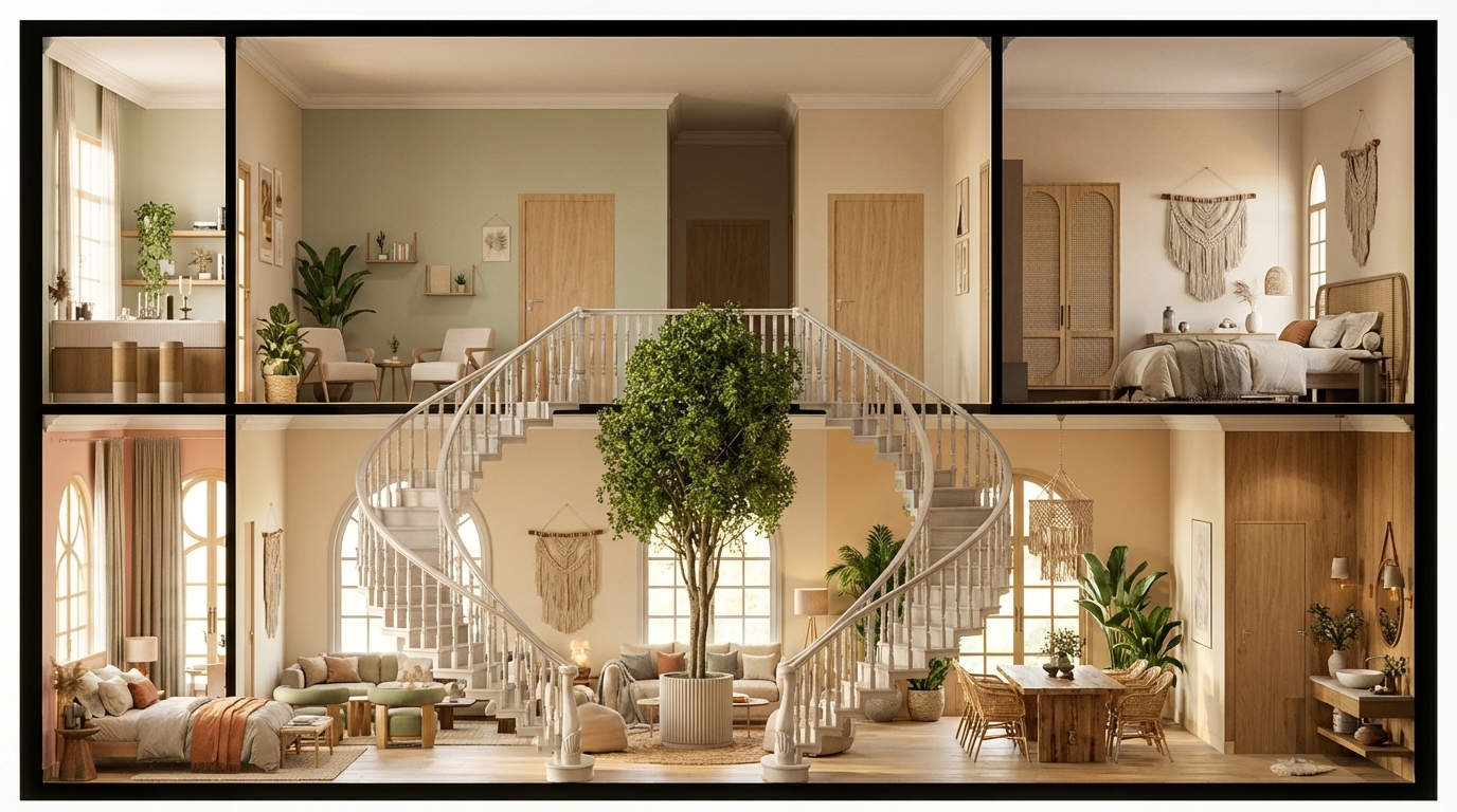 High-quality 2D architectural section render (no perspective, no 3D depth), not a sketch, fully realistic and detailed.
The section shows a two-story bohemian villa.

Ground floor: a grand ceremonial staircase placed at the very front of the section, centered, with all interior spaces clearly visible behind it. From right to left behind the staircase: a guest wash basin area, a warm natural dining space, a cozy boho reception/living area, and at the far left a comfortable guest bedroom. A large indoor tree grows through both floors as a dramatic vertical focal point.

Upper floor: on the right is the master bedroom shown clearly from the side view, in the center a corridor connecting the rooms, and on the left a calm room that includes a coffee corner.

Design style: modern bohemian with earthy colors — warm beige, soft greens, muted light orange, sandy neutrals, and natural wood tones. Add indoor plants, wall-hung macramé art, macramé chandeliers, woven and rattan textures, pottery, and natural fabrics.
Lighting: warm, soft, and realistic. Materials should be ultra-detailed with clean, crisp section linework.

Keep the view strictly as a flat 2D architectural section with no perspective, no depth, and not a sketch — a fully realistic, clean, high-quality render.