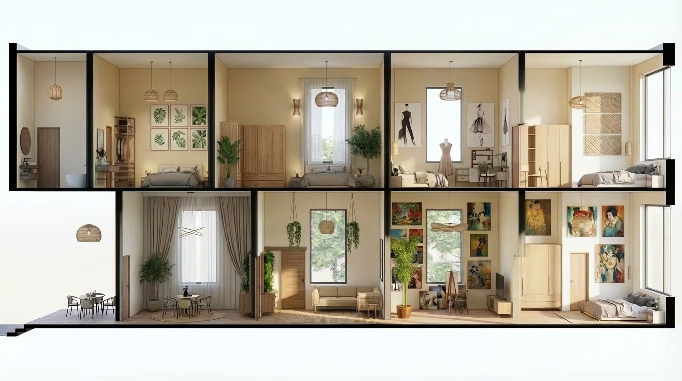 i wanna all rooms' walls colors to be the same as the first room on right in the upper floor , third room from right in ground floor remove the door from the front wall and remove plants from TV unit , the room beside it from left make the light fixture match the others , second room from left in upper floor add a window behind the bed , add simple plain transparent curtains in front of windows