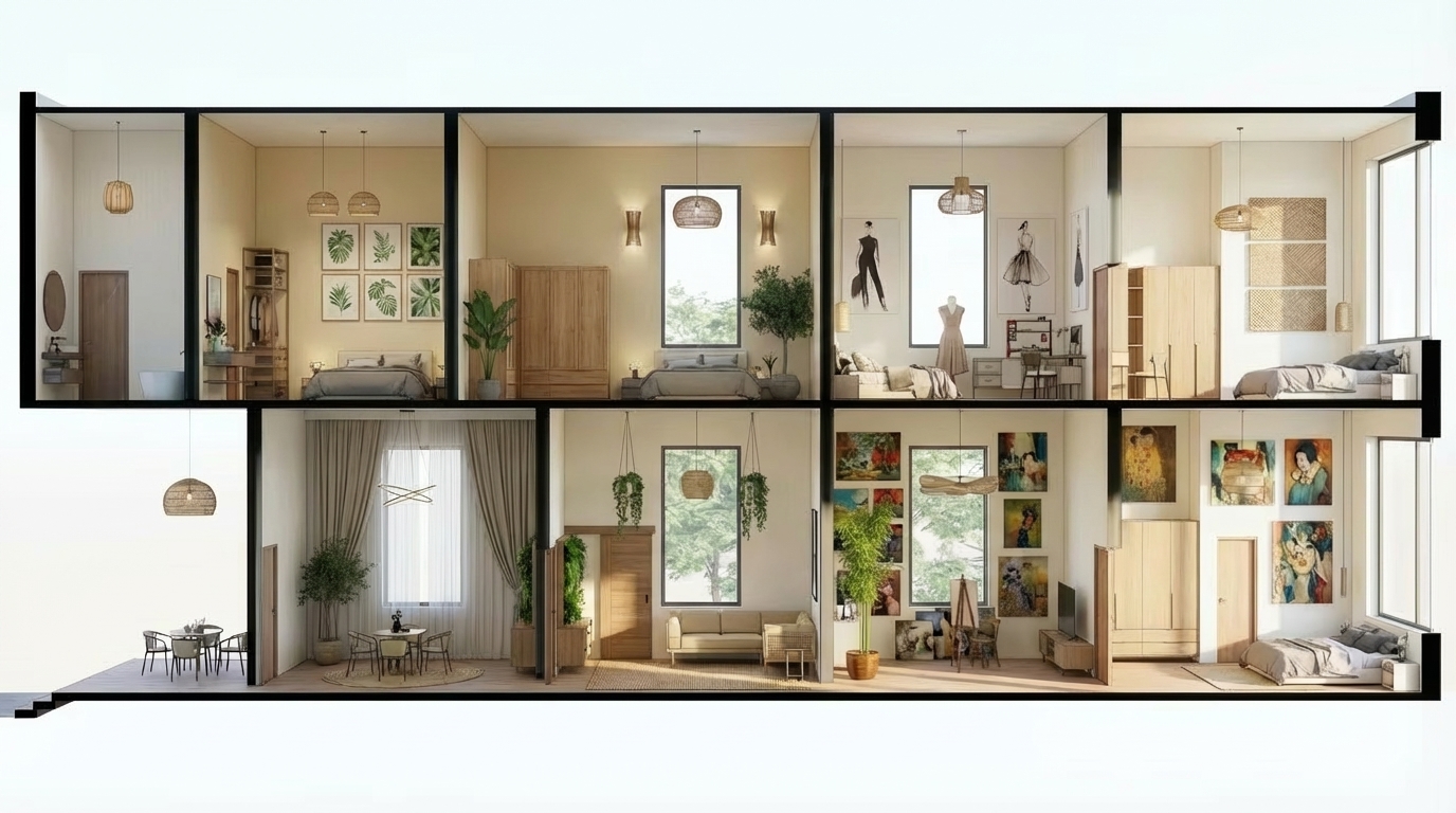 Render the architectural interior section with the following precise modifications while keeping all other elements unchanged:

Upper floor – second room from the left: set the wall color to match the same color as the overall project walls.

Upper floor – room to the right of it: change the wardrobe material to natural wood; remove the plants behind the wardrobe; remove the planted wall, but keep the floor plant.

Ground floor – third room from the right: convert the existing wardrobe into a wooden TV unit with clean modern lines.

Ground floor – room to the left of it: transform the buffet into a wooden biophilic buffet that integrates natural textures and subtle greenery; convert the wooden wall into a curtain wall; change the existing door into a sliding door; add a modern ceiling light fixture in this room.
Ensure consistent lighting, realistic materials, clean architectural linework, and maintain the original furniture placements unless specified.