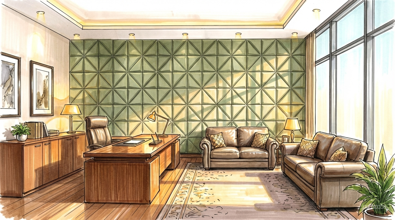 Render a luxury office executive cabin, back wall panelled as in style reference in sage green colour. Large desk with low height back cabinet, 2 seater sofa with an armchiar, large window on one of the side walls, hand drawn style illustration in alcohol marker style. warm lighting, show wall with pattern a in style reference. Low angle shot, f4,