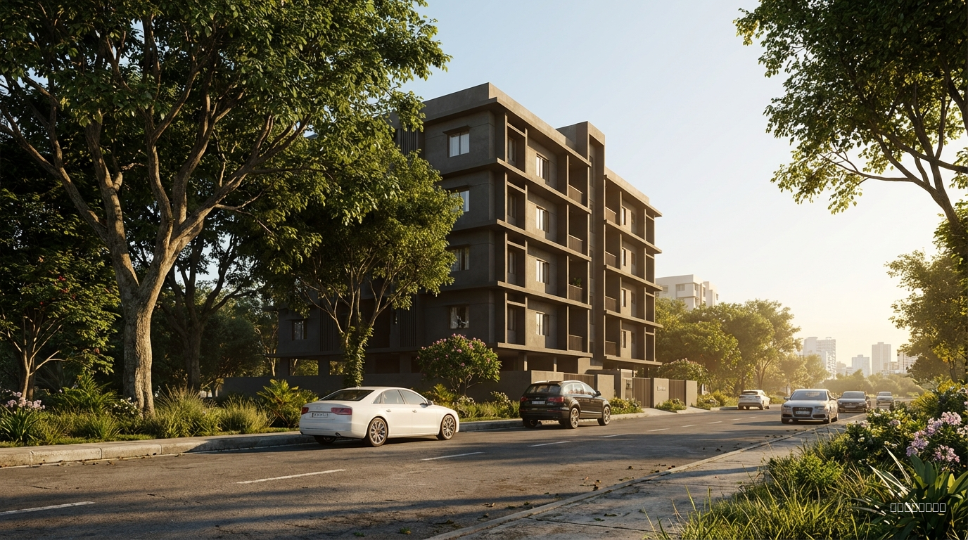 Sperenza
You
this image is not looking realistic, enhance the vegetations. trees, cars, landscape and greenery to real life realistic look and feel with no changes at all in ail building model and materials. you can change overall lighting also like 4 pm time in india as environment.