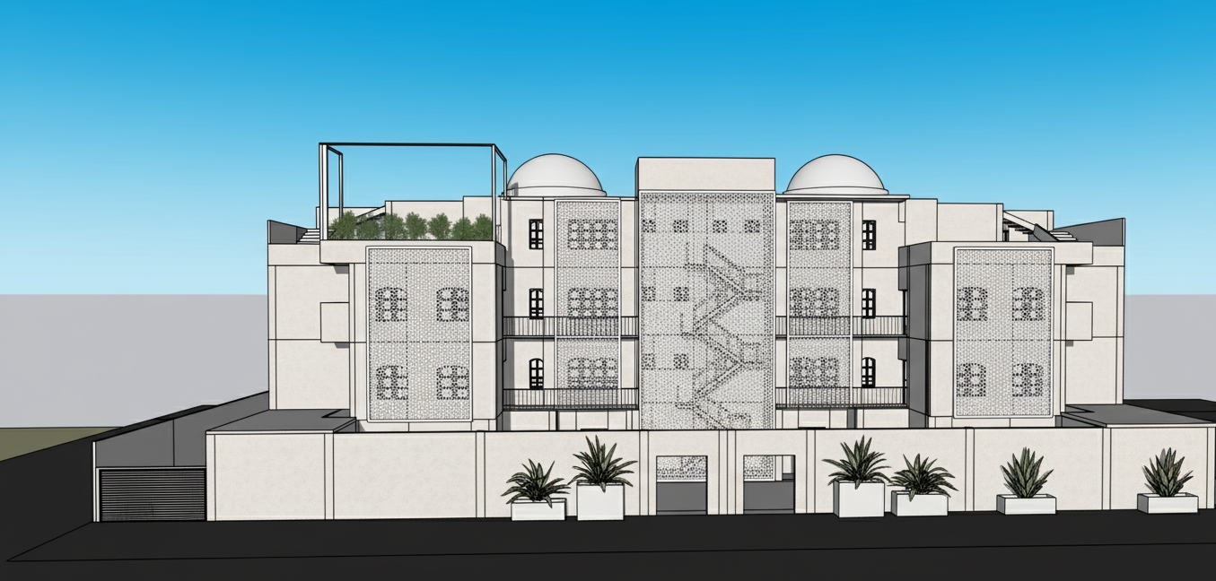 Prompt (Texte intégral à copier-coller)
Conception de façade pour villa d'entreprise, haut de gamme. Le design applique une esthétique Néo-Mauresque minimaliste et très sophistiquée à la structure existante (volumes simples, dômes). Murs en stuc de couleur blanc cassé ou beige très clair avec une finition ultra-mate et texturée. Les dômes sont recouverts de plâtre blanc poli pour se fondre dans la masse. Le Moucharabieh est remplacé par de grands écrans pare-soleil en aluminium découpé au laser, d'un blanc mat. Le motif du Moucharabieh est purement géométrique : une grille de lignes fines et répétitives (comme le montre la référence) Les fenêtres sont à cadre noir minimaliste.. L'éclairage est dissimulé et architectural, soulignant uniquement la texture des murs et les motifs du brise-soleil. Aménagement paysager structuré avec des plantes graphiques. Rendu photoréaliste, ultra-détaillé, accent sur la lumière et l'ombre pour définir la façade, ambiance luxueuse et professionnelle.