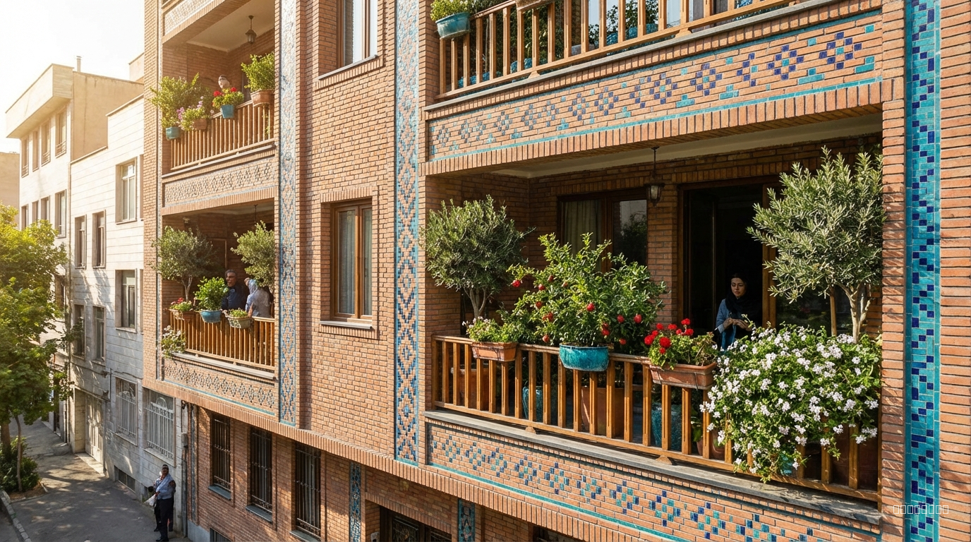 ساختمان مسکونی با نمای اجر ایرانی و بالکن با درختچه