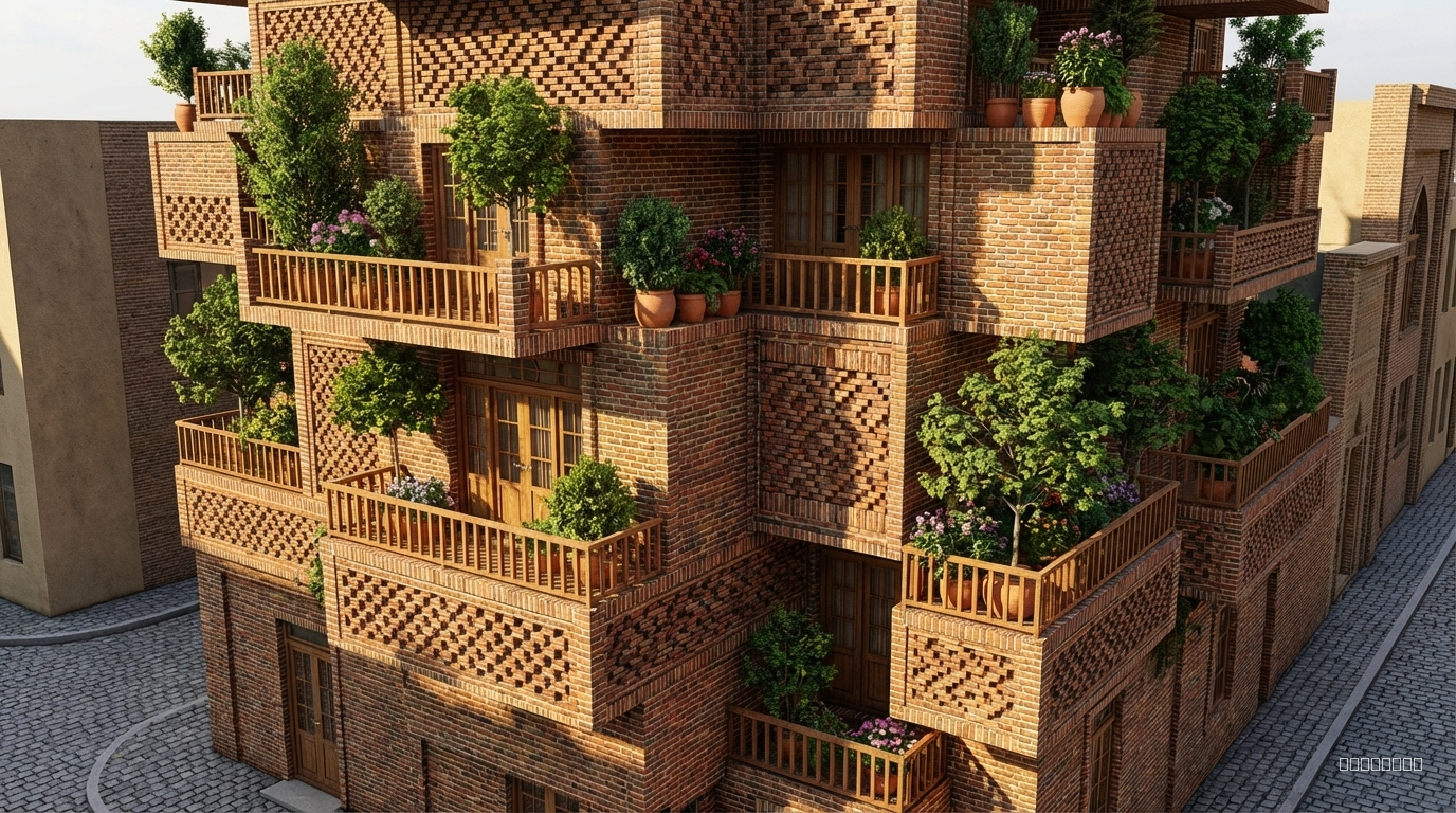 ساختمان مسکونی با نمای اجر ایرانی و بالکن با درختچه