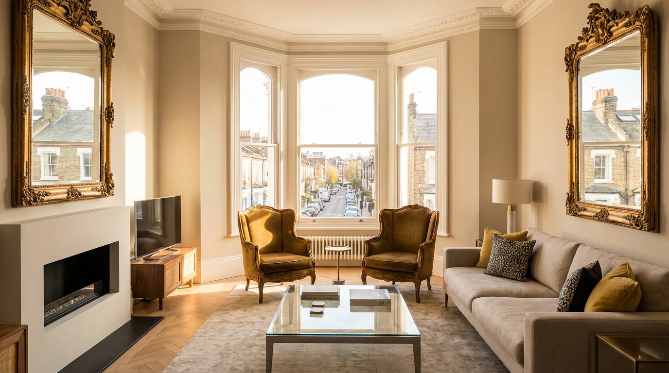baroque chic modern living room with south facing windows based in london