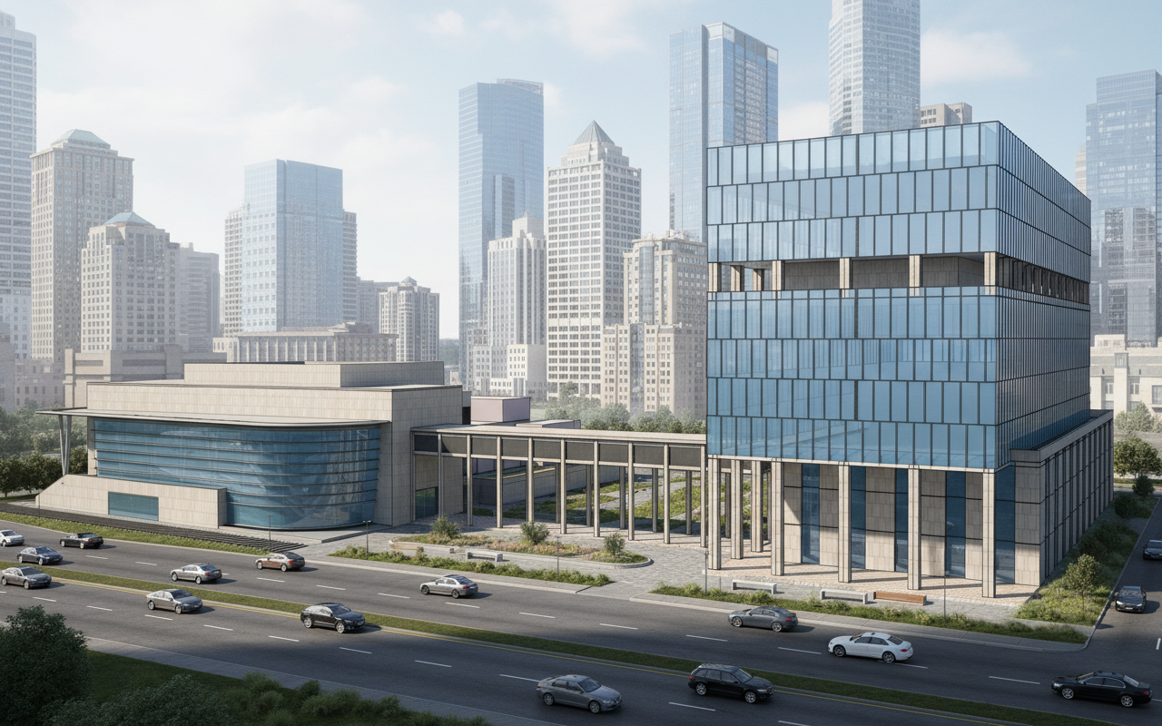 High-quality perspective rendering of a modern office complex, featuring a large auditorium on the left side. Buildings use sleek glass curtain walls combined with elegant stone cladding. A wide road with realistic cars runs in the foreground, while a city skyline with tall contemporary buildings fills the background. Photorealistic, professional architectural visualization style, with natural daylight and sharp details