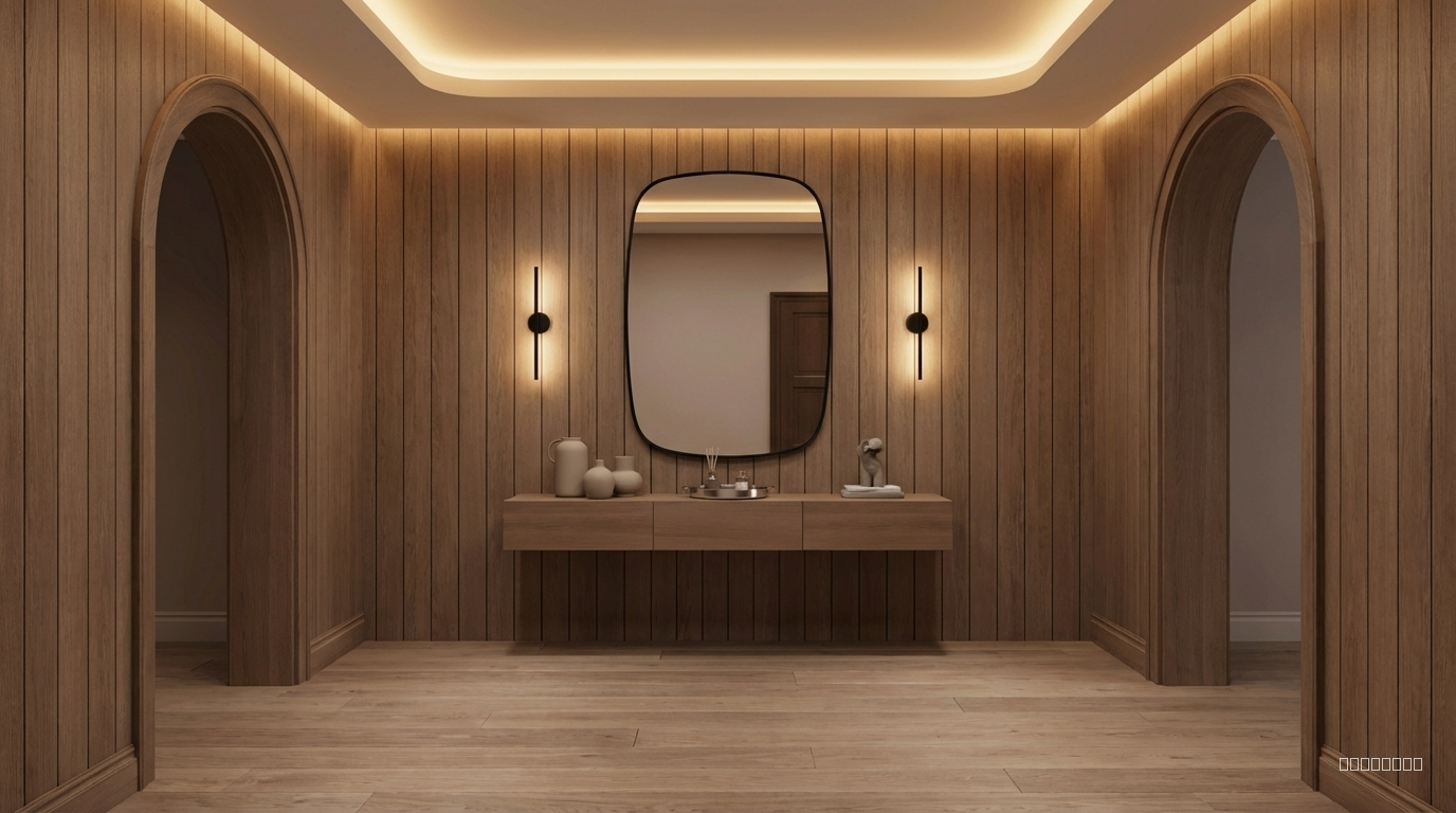 Transform this entryway into a warm minimal modern interior. Use natural wood wall cladding in soft mocha tones, warm ambient hidden lighting in the ceiling, and a simple floating console in matte wood. Replace the black marble with a clean warm-wood finish. Add a large rounded-edge mirror with a thin black frame. Add two minimal wall sconces with soft warm light on both sides of the mirror. Use neutral decorative objects in matte ceramic and brushed metal. Change the floor to natural light-mocha wood with a subtle grain. Overall mood: soft, elegant, cozy, warm minimal luxury."