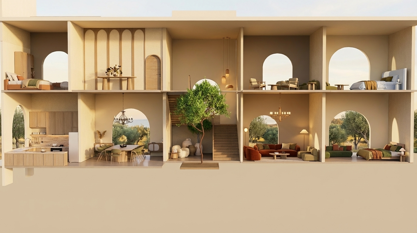 Create an ultra-realistic render of this two-story Mediterranean-style villa section exactly as shown, keeping all room functions and all furniture placements unchanged.
All walls throughout both floors must be in beige tones only (warm Mediterranean beige).

GROUND FLOOR:
– Left side: open kitchen with upper and lower cabinets; dining area beside it.
– Middle: small seating area before the staircase; indoor vertical patio with a tree extending through both levels.
– Right side: main living room; and directly next to it a bedroom exactly as shown.

FIRST FLOOR:
– Left: bedroom; next to it a decorative gallery space with arched wall panels and a console table.
– Middle: double-height void above the indoor tree and staircase landing.
– Right: small sitting area; and at the far right a bedroom with arched opening.

Architectural requirements: preserve arches, openings, proportions, and room layout exactly as shown.

Rendering instructions:
– Do NOT change or modify any furniture; keep the exact furniture pieces and positions.
– All walls must be beige.
– Use modern lighting fixtures with warm Mediterranean ambiance.
– Use light-colored wood (not dark) for all wooden elements.
– Add highly detailed textures, refined materials, micro-details, realistic reflections, volumetric light, soft shadows, and a warm Mediterranean atmosphere.
– Maintain Mediterranean color palette: beige, warm brown, olive, deep burnt orange.
– Add elegant Mediterranean-style chandeliers without altering furniture layout   عايزه العفش يبقا فيه بيج و زيتي ازهر الوان السراير و اعمل view ورا الشبابيك حلوه النخفة اللي عند الصفره ممكن نستخدم حاجات شبها و ممن نكبر الشباك اللي عند السلم شوية