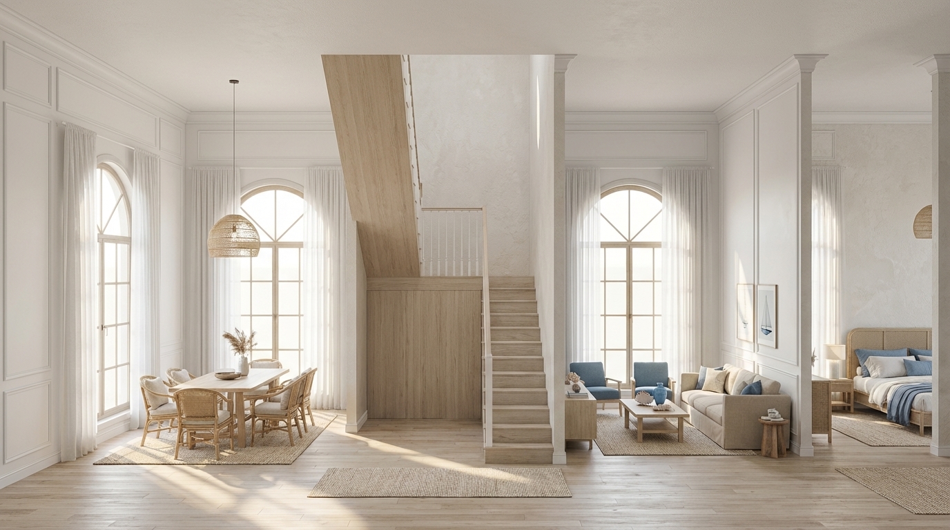 "Create a high-resolution interior design section for a one-floor villa in a refined Coastal Style. Use a soft and calm color palette including white, off-white, light beige, sandy tones, and ocean blues. The atmosphere should feel bright, airy, and elegant. Add natural materials such as light wood, rattan, linen fabrics, and woven textures. Incorporate coastal-themed decor elements like subtle seashell details, soft blue accents, minimalist nautical artwork, and clean white paneling. Ensure the lighting is natural and warm, with large windows and soft shadows. The overall look should be harmonious, modern, and relaxing. Present the design in a clean architectural section with accurate proportions and realistic textures."