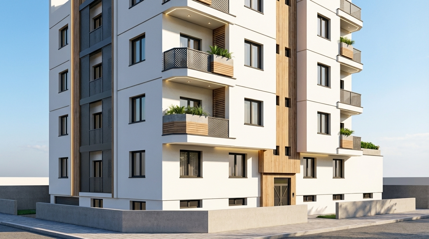 Façade contemporaine minimaliste : volumes géométriques simples, enduit blanc, bois naturel, métal perforé et vitrages à cadres fins noirs. Rythme vertical et horizontal subtil pour alléger le volume. Intégration de brise-soleil, jardinières modernes et éclairage architectural. Style moderne, sobre, harmonieux et photoréaliste.