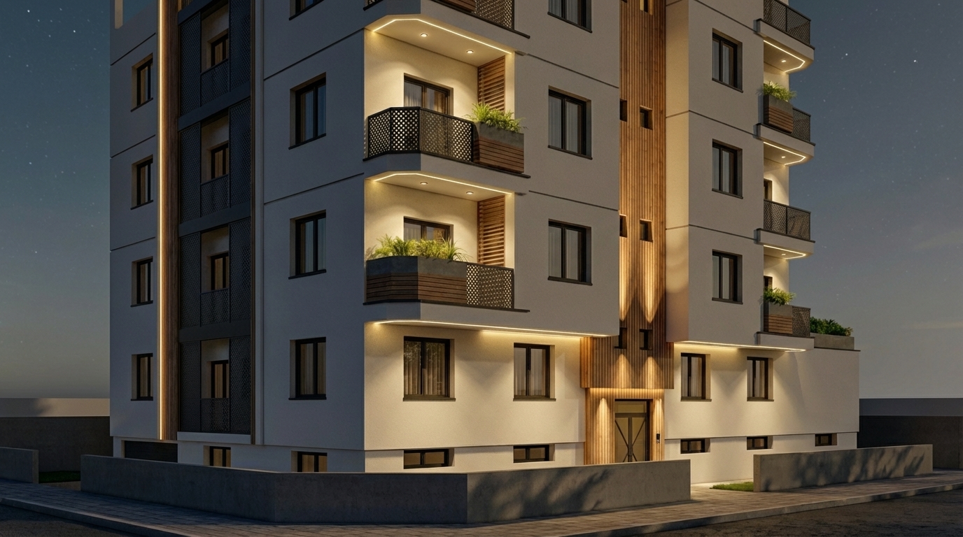 Façade architecturale moderne, aux lignes épurées et volumes simples. Utiliser un mélange d’enduit clair (blanc ou beige), de bardage en bois vertical et de pierre naturelle pour créer une ambiance chaleureuse et contemporaine. Grandes baies vitrées avec encadrements fins en aluminium noir. Intégrer des brise-soleil horizontaux pour le contrôle solaire. Ajouter un éclairage LED indirect intégré à la façade pour un rendu élégant de nuit. Matériaux réalistes, textures détaillées, ombres naturelles, rendu photoréaliste et ambiance lumineuse douce.