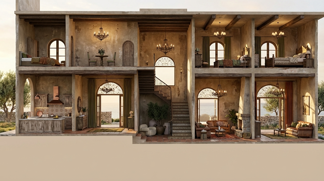 "Create an ultra-realistic render of a two-story Mediterranean-style villa section. Show a precise vertical cut revealing interior rooms, windows, finishes, arches, stucco textures, wood beams, wrought-iron details, and warm Mediterranean color palette (beige, brown, olive green, deep burnt orange). Add chandeliers that match Mediterranean style and a soft coastal background view.
Increase the level of detail in the render: add highly detailed textures, micro-details, refined materials, realistic reflections, natural imperfections (stucco roughness, wood grain, ceramic patterns), rich shadows, and cinematic warm lighting to enhance realism and depth
