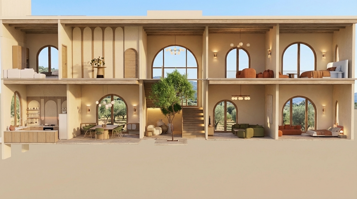 “Architectural interior render of a villa. Focus on windows with visible views outside, enlarge the window near the staircase. Include warm interior colors: beige, olive green, and dark orange. Add lighting under the staircase. Emphasize window frames in the design. Include furniture in the same color palette. Add an extra door in the upper-left bedroom. Modern realistic lighting and materials, photorealistic quality, detailed textures