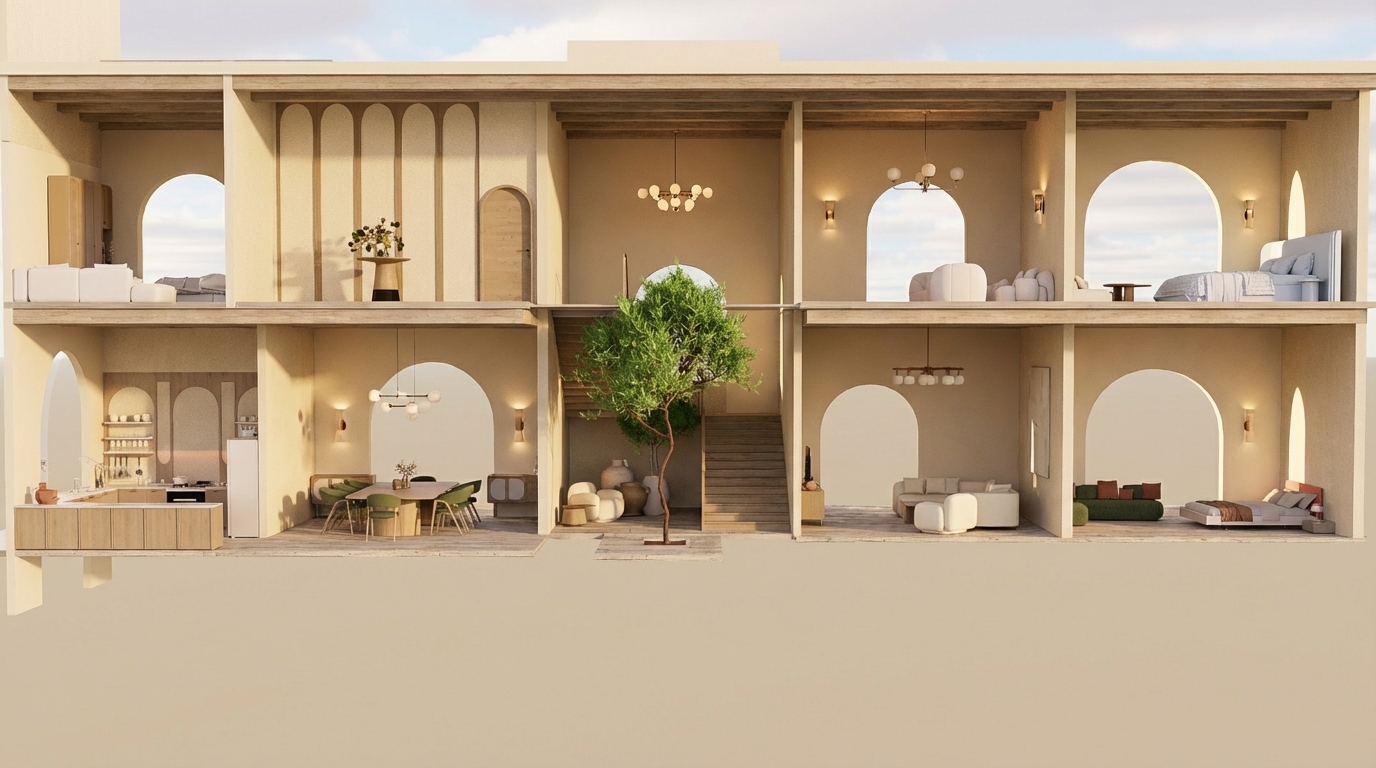 "Create an ultra-realistic render of this two-story Mediterranean-style villa section exactly as shown, keeping all room functions and all furniture placements unchanged.
All walls throughout both floors must be in beige tones only (warm Mediterranean beige).

GROUND FLOOR:
– Left side: open kitchen with upper and lower cabinets; dining area beside it.
– Middle: small seating area before the staircase; indoor vertical patio with a tree extending through both levels.
– Right side: main living room; and directly next to it a bedroom exactly as shown.

FIRST FLOOR:
– Left: bedroom; next to it a decorative gallery space with arched wall panels and a console table.
– Middle: double-height void above the indoor tree and staircase landing.
– Right: small sitting area; and at the far right a bedroom with arched opening.

Architectural requirements: preserve arches, openings, proportions, and room layout exactly as shown.

Rendering instructions:
– Do NOT change or modify any furniture; keep the exact furniture pieces and positions.
– All walls must be beige.
– Use modern lighting fixtures with warm Mediterranean ambiance.
– Use light-colored wood (not dark) for all wooden elements.
– Add highly detailed textures, refined materials, micro-details, realistic reflections, volumetric light, soft shadows, and a warm Mediterranean atmosphere.
– Maintain Mediterranean color palette: beige, warm brown, olive, deep burnt orange.
– Add elegant Mediterranean-style chandeliers without altering furniture layout