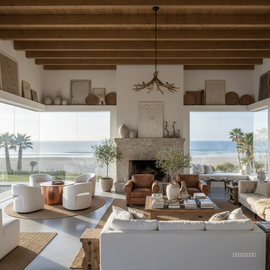 Living room render, white, maximalist, 2 point perspective, multi seating sets, rustic refined, early morning, overlooking sea beach 
