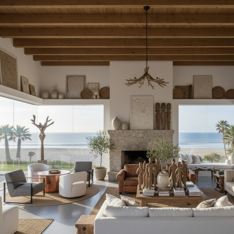 Make the furniture more contemporary, sleek but rustic, less busy more curate, sculptural artefacts but maximalis 