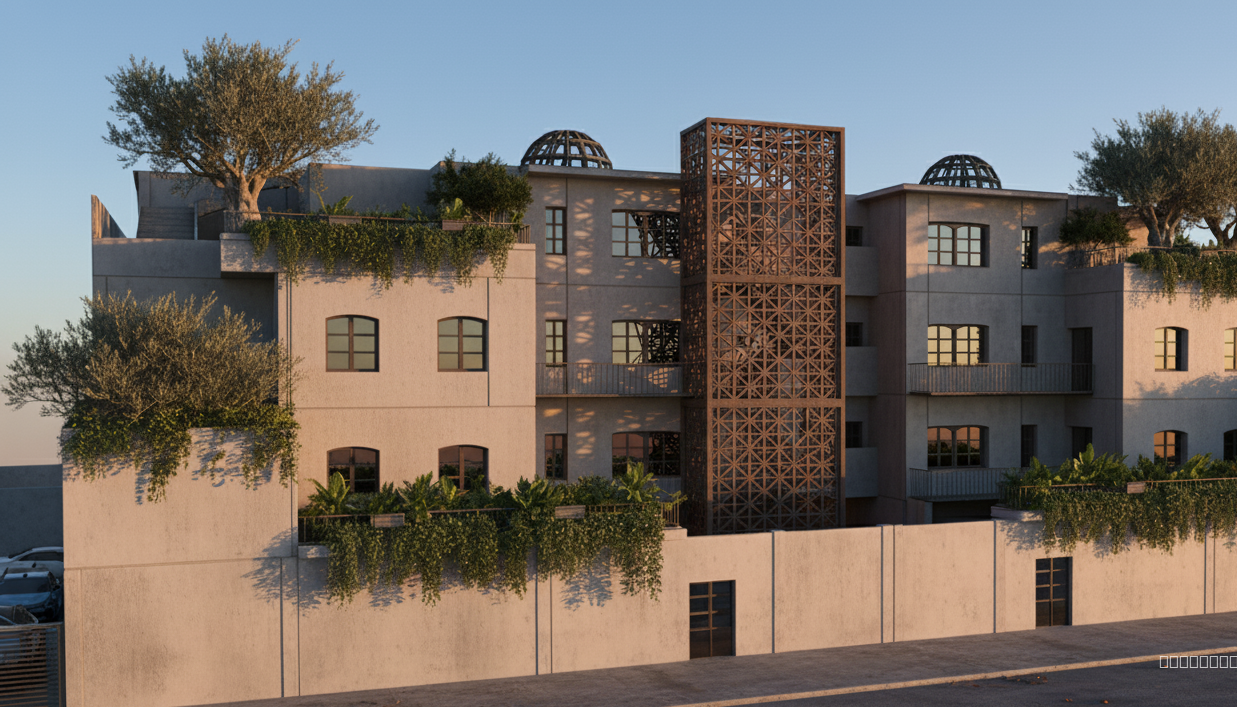 moins de végétation et avec du moucharabieh qui couvre l'escalier