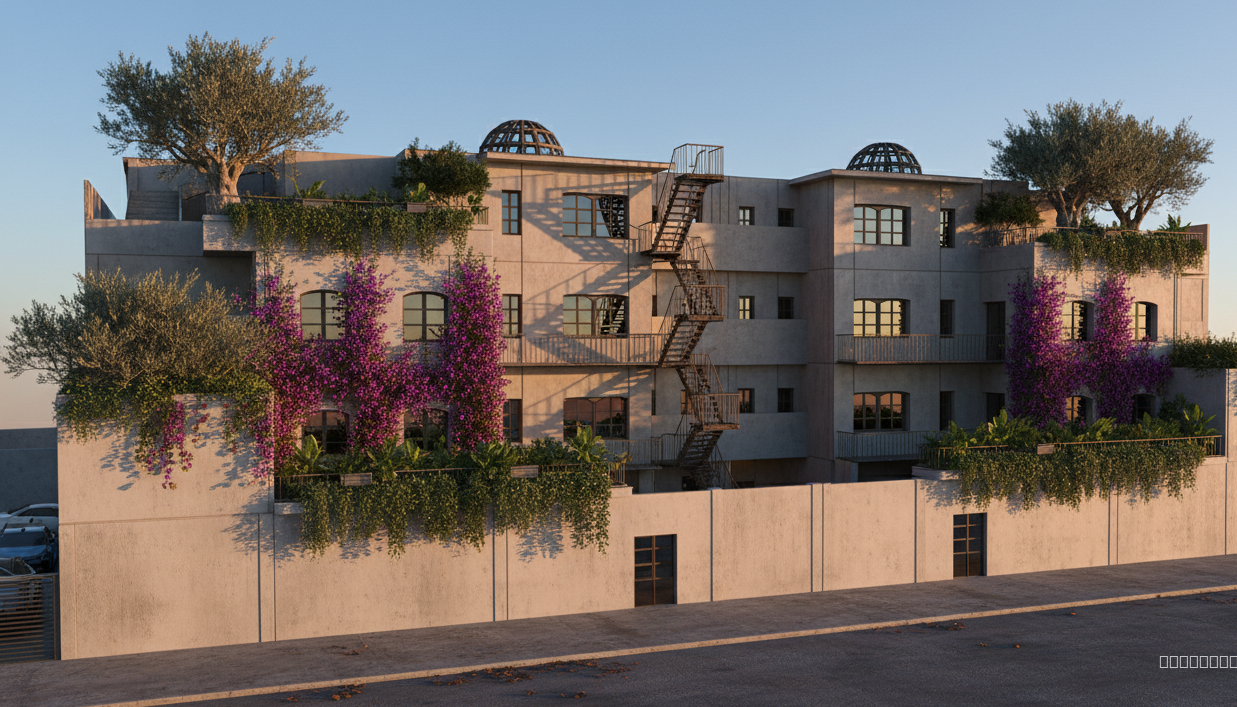 Create a highly realistic architectural render of this multi-story residential building. Emphasize the central metal fire escape staircase by enhancing its shadows, reflections, and structural details. Add lush Mediterranean-style vegetation on all accessible terraces: potted olive trees, climbing plants, green shrubs, and subtle hanging plants along the railings. Use warm natural lighting at golden hour, soft shadows, and a clear sky. Apply realistic textures: concrete walls, metal railings, glass windows with reflections, and detailed ground materials. Add subtle ambient life such as a few parked cars, natural imperfections, and realistic global illumination. Photorealistic style, high resolution.”