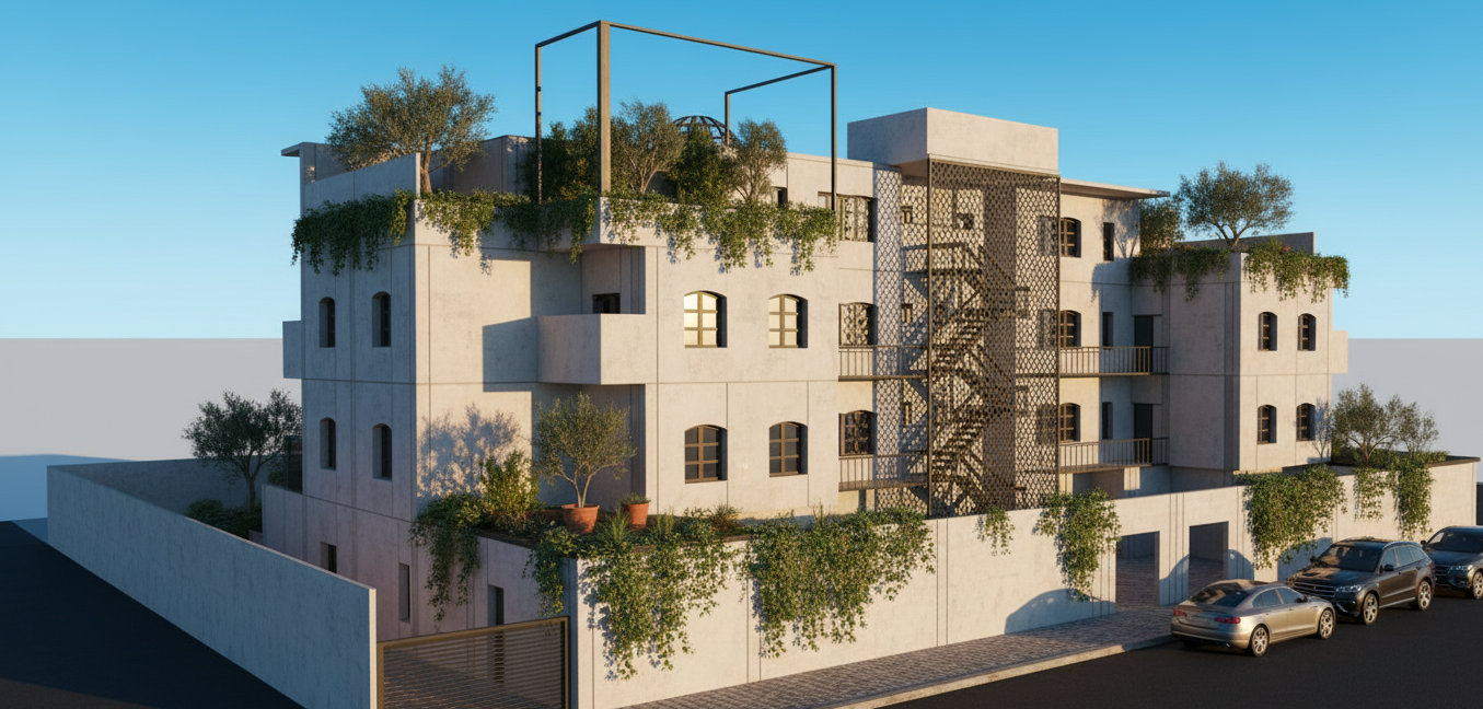 Create a highly realistic architectural render of this multi-story residential building. Emphasize the central metal fire escape staircase by enhancing its shadows, reflections, and structural details. Add lush Mediterranean-style vegetation on all accessible terraces: potted olive trees, climbing plants, green shrubs, and subtle hanging plants along the railings. Use warm natural lighting at golden hour, soft shadows, and a clear sky. Apply realistic textures: concrete walls, metal railings, glass windows with reflections, and detailed ground materials. Add subtle ambient life such as a few parked cars, natural imperfections, and realistic global illumination. Photorealistic style, high resolution. 