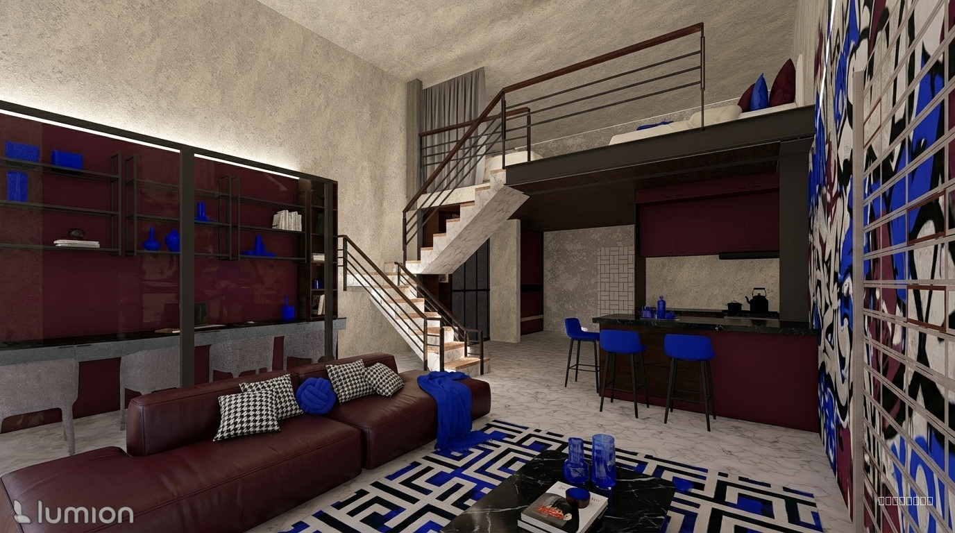 loft room with burgundy black and white theme. use bit of an cobalt blue. work on walls and floor design and make it look like a magazine with editorial vibes. use graffiti on right wall and left is desks separated from living room with glass panel